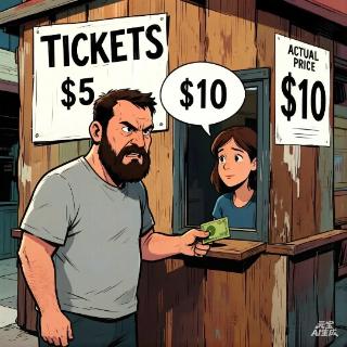 <p>The sign says $5 for movie tickets but when he wanted to buy it, it was $10. He was angry because he _________ the tickets to be for $5. </p>