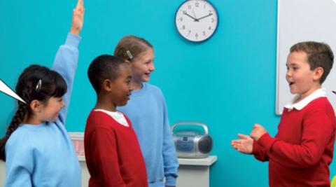 <p>The girl raising her hand is wearing a ________ shirt.</p>