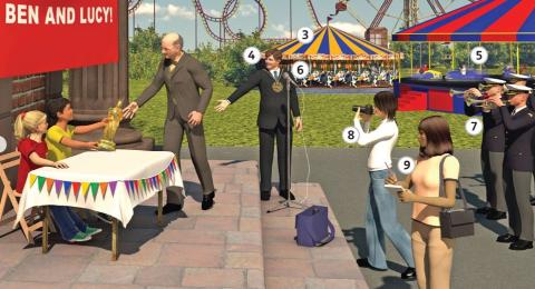 <p>Find the three men wearing hats playing music.</p>