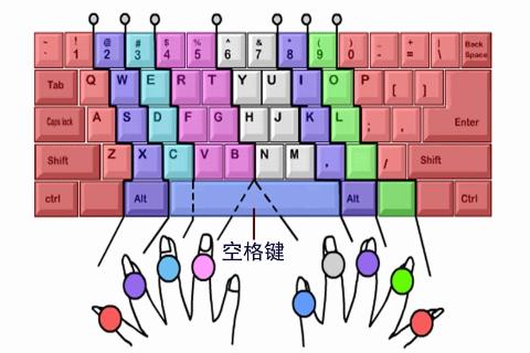 <p>这是键盘指法图，十个手指均规定有相应的操作键位区域，任何一个手指不得去按不属于分工区域的键。请问绿色区域的按键由哪个手指负责？</p>