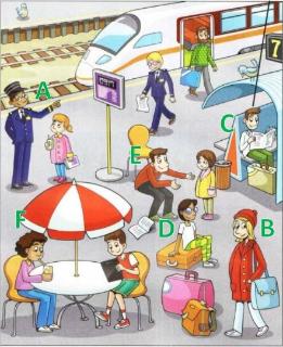 <p><strong>Girl:</strong> One person’s <u>sitting on their suitcase</u>! <strong>Man:</strong> That’s right. Her name’s Katy. <strong>Girl:</strong> <u>I love her sunglasses</u>.</p>