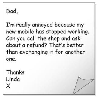 <p>Linda wants her father to find out how to</p>