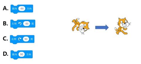 <p>下图为小猫的初始方向，哪个积木可以让小猫面向正右方？</p>