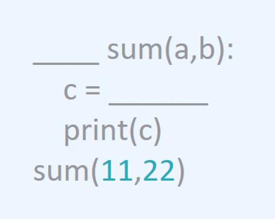 <p>补全图片中的代码&#xff0c;定义一个求和函数&#xff0c;输出两个数a和b相加的结果。&#xff08;答案之间用空格分隔&#xff09;</p>