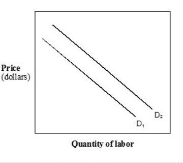 <p>which of the following could have caused the shift in labor demand from D<sub>1</sub> to D<sub>2</sub>? <span data-tex=""> </span></p>