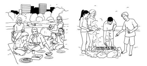 <p><i>Look at the two pictures of people eating meals outside. Which response does NOT answer the question: 'Do you like to eat at these places?</i></p>