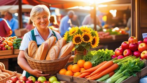 <p><i>Look at the picture of a market. Choose the correct words to complete the sentence:</i><strong>'A woman is buying _______. She looks _______ because _______.'</strong></p>