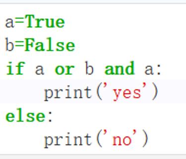 <p>执行以下代码的输出结果： a=True b=False if a or b and a: print('yes') else: print('no')</p>