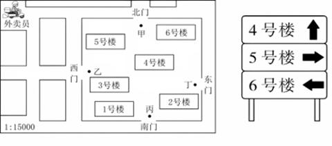 <p><strong>点外卖是现在年轻人常见的生活方式。读某小区及周边地区平面示意图（左图）和小区楼号指示牌（右图），完成下面小题。</strong>外卖员要去该小区2号楼送餐，当骑行至图中位置时，与2号楼的图上距离为5厘米，则其实地直线距离是（     ）<span data-tex=""> </span></p>