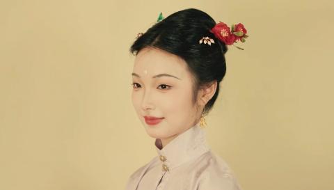 <p>端午时节，女子有簪花传统。照片中这位女子簪戴的是哪种端午节的时令花材？</p>