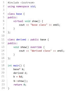 <p>运行以下C++代码，屏幕将输出“derived class”。</p>