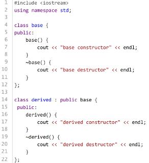 <p>如下列代码所示的基类（base）及其派生类（derived），则生成一个派生类的对象时，只调用派生类的构造函数。</p>