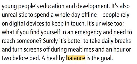 <p>What does a "healthy <strong>balance</strong>" mean regarding screen use?</p>