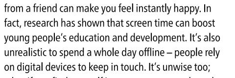 <p>What is one positive(正面的) aspect of technology mentioned under the "No - screens shouldn't be all or nothing" section?</p>
