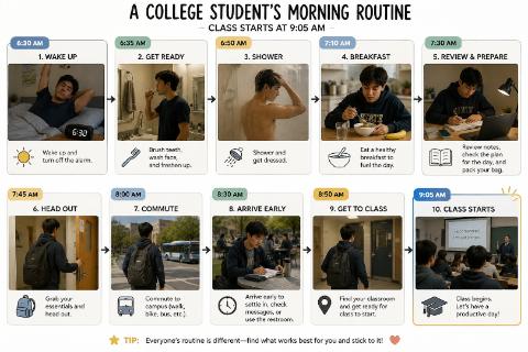 <p>Exercise: Put the Morning Routine in OrderA college student has a class at 9:05 AM. Below are 7 steps from their morning routine, but they are in the wrong order.👉 Task: Read the steps carefully and number them from 1–7 in the correct order.<span data-tex=""> </span></p>