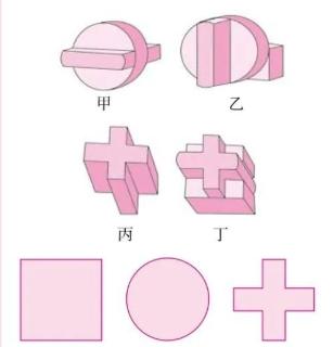 <p>  从不同的角度观察甲、乙、丙、丁4块积木&#xff0c;想一想哪块积木会分别呈现出下面三种图形。</p>