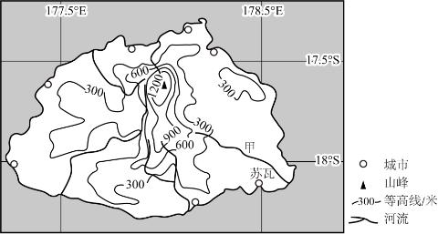 <p>维提岛是太平洋上的一个岛屿。下图示意维提岛等高线地形。读图，完成下面小题。苏瓦的经纬度位置大约是（ ）</p>