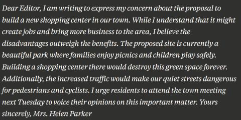 <p>(<i>Reading for Attitude and Opinion</i>) What does Mrs. Parker want residents to do?</p>