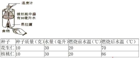 <p>某生物兴趣小组使用如图所示的实验装置，对不同食物中的能量进行测定，实验结果如表中所示。分析不正确的是</p>