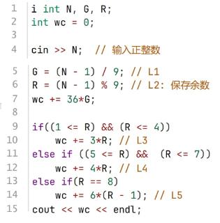 <p>有无限长的链，由3种外形相同但材质不同的环链成。3种环的重量分别是3、4、6克，相同材质的多个环每12克一组，分别记为G3、G4、G6。链依次G3、G4、G6、G3、G4、G6、…。同时对链上所有环从头依次编号1、2、3、4……。输入正整数代表环编号，求该编号前所有环的重量。下面是C++代码是实现，正确说法是( )。<span data-tex=""> </span></p>