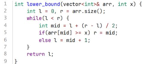 <p>下⾯代码尝试在有序数组中查找第⼀个⼤于等于 x 的元素位置。如果没有⼤于等于 x 的元素，返回arr.size()。以下说法正确的是（ ）。</p>
