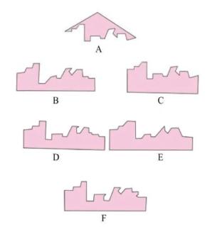 <p>图形B, C,D, E, F中哪一个能和A拼组成完整的多边形?</p>