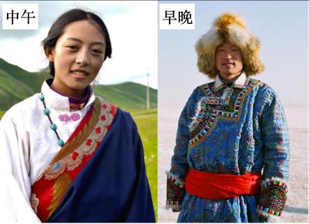 <p>小明去西藏旅行，发现当地人们根据气温高低选择不同的藏袍穿法。下图示意“藏袍的不同穿法”。据此完成下面小题。</p>