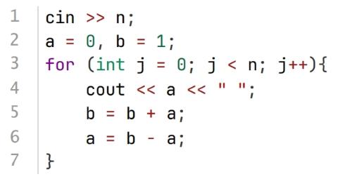 <p>下列C++代码用于求斐波那契数列，即第1个数为0，第2个数为1，从第三个数开始，依次是其前两个数之和。如果输入的值为大于1的正整数，该代码能实现所求。</p>