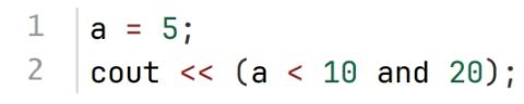 <p>下列C++代码执行后将输出 1，因为 a 确实小于 20和 10。</p>
