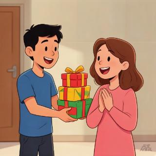 <p>He gives her three presents and she happily _______ them. </p>