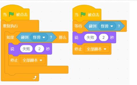 <p>下面两段程序实现的功能一样&#xff0c;角色碰到“怪兽”后&#xff0c;说“失败”2秒&#xff0c;整个程序结束。<span data-tex=""> </span></p>