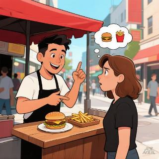 <p>The man is selling hamburgers 🍔 and french fries 🍟. Which one does the woman want? </p>