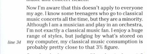<p>What is the meaning of 'classical music consumption' in line 34?</p>