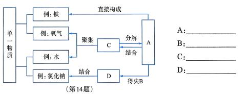 <p>读构成单一物质的粒子间的关系图，请在A、B、C、D处填入粒子名称。</p>