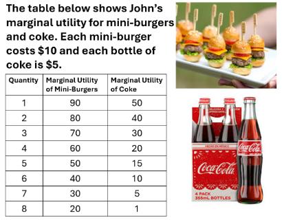 <p>Which of these is <strong>NOT</strong> a utility-maximizing combination of goods for John to buy?</p>