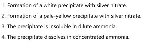 <p>Which of the following observations correctly identifies iodide ions?</p>