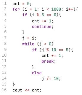 <p>下面C++代码执行后输出与 5有关数的数量。“与 5有关的数”定义为含有 5或者能被 5整除的数。相关说法正确的是（ ）。</p>
