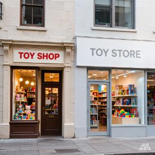 <p>These two places sell toys. Why is one named "shop" and the other "store"? </p>