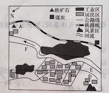 <p>在该城市示意图中，哪一处适宜进行自来水厂建设？</p>