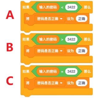 <p>有一款智能锁，它有密码和指纹2种验证身份的方式。现在给它编程，假如开锁密码是3422，哪段程序是正确的呢？</p>