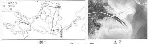<p>河流入海口处河道变宽，流速减慢，河水挟带的泥沙沉积下来，形成三角形沙洲，称为三角洲。图1汐黄河流域示意图，图2为黄河三角洲卫星影像图。读图，回答下列小题。  1. 图1河流发源地所示山脉是 </p>