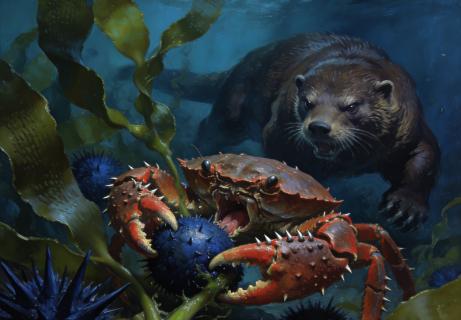 <p>海岸边，一只螃蟹正在享受着美味的海胆，却没发现身后的海獭也锁定了他的午餐——螃蟹大餐。请选出这段描述中所蕴含的食物链。</p>