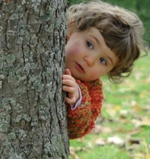 <p>The kid is _______ behind a tree. No one can see her.</p>
