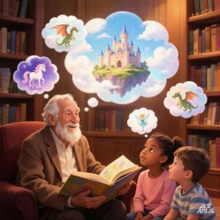 <p>The old man is telling children a ..... </p>