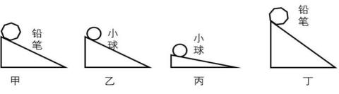 <p>比较甲和丁，图甲的铅笔静止不动，图丁的铅笔向下滚动的。这说明（）影响了物体在斜面上的运动。</p>