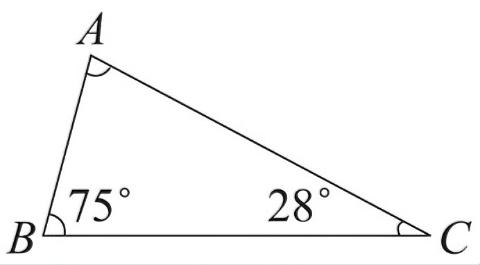 <p>如图&#xff0c;在三角形ABC中&#xff0c;∠B&#61;75°&#xff0c;∠C&#61;28°&#xff0c;则∠A&#61;(         )°  。</p>
