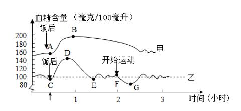 <p>如图为糖尿病患者和健康人的血糖含量变化曲线，据图分析错误的是</p>