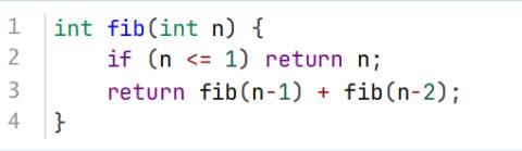 <p>以下 fib 函数计算第 n 项斐波那契数（fib(0)=0, fib(1)=1），其时间复杂度为 O(n)。</p>