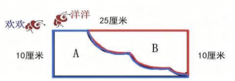 <p>欢欢沿着A图形爬行一周，洋洋沿着B图形爬行一周，它们爬行的周长（ ）长。</p>