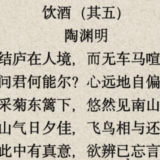 &nbsp;陶渊明《饮酒》&nbsp;&nbsp;中表现了怡然自得，&nbsp;&nbsp;恬淡闲适，&nbsp;&nbsp;热爱自然，&nbsp;&nbsp;&nbsp;旷达胸襟的诗句是：
